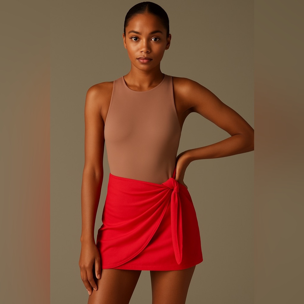 Aritzia Bundle x Babaton Tan Bodysuit x Wilfred Mini Red Wrap Skirt x Sz M